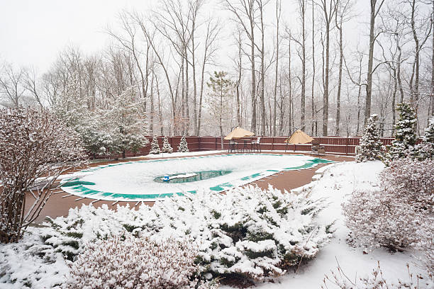 snow covered pool with a cover